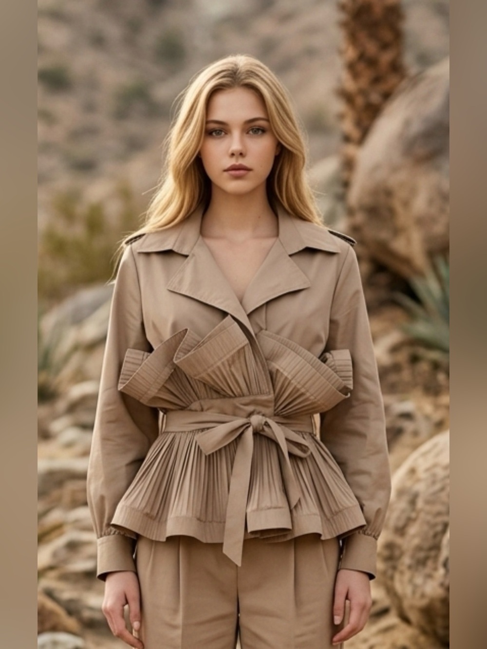 Pleated Tie-Waist Blouse - Beige